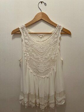 Ultra Pink Ivory Crochet Lace Tunic Top – Boho Free People Style – Size M